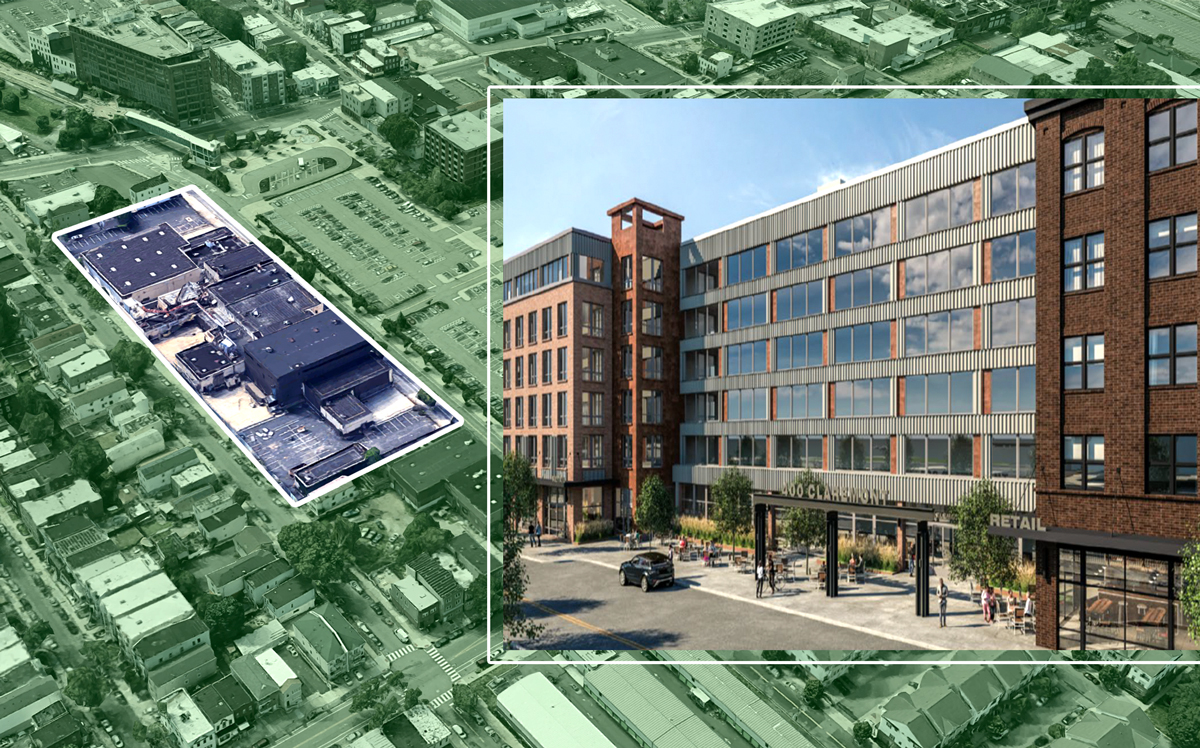 An aerial view and a rendering of The Element at 400 Claremont Avenue (Credit: Google Maps)