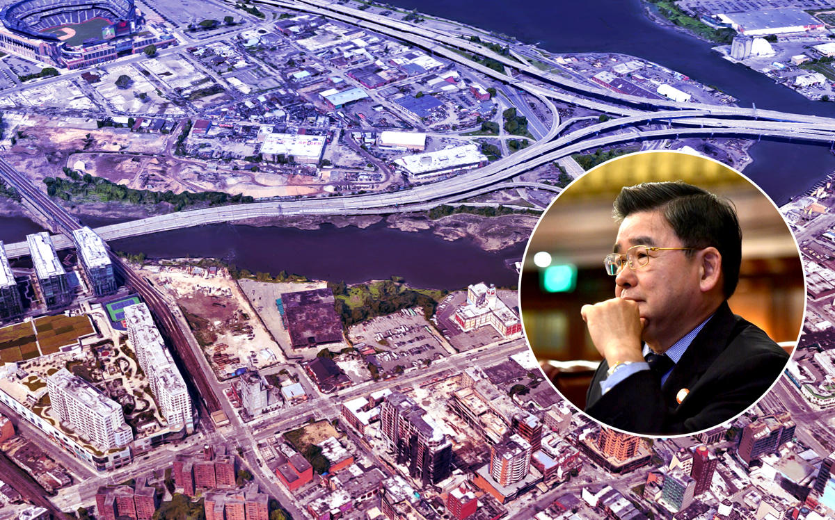 An aerial of Flushing's waterfront and New York City Council member Peter Koo (Credit: Google Maps)