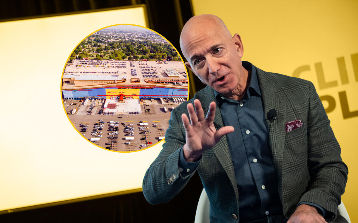 Amazon CEO Jeff Bezos and Rentar Plaza at 66-26 Metropolitan Avenue in Queens (inset) (Credit: Getty Images and Rentar Development)