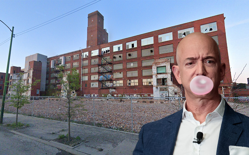 Jeff Bezos and the Old Wrigley gum factory at 3535 S. Ashland Avenue (Credit: Getty Images and Google Maps)