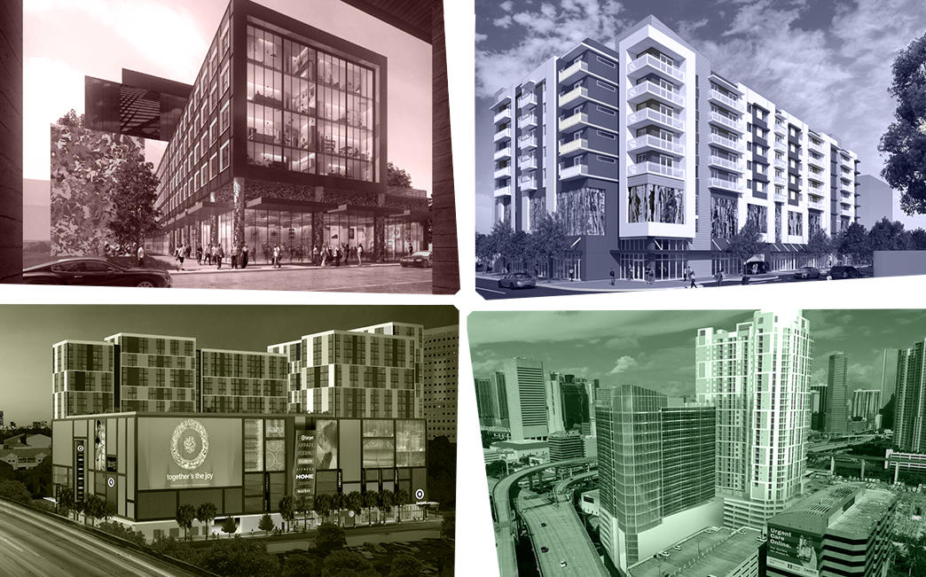 From top left, clockwise: Wynwood 28, the Allapattah apartment building, Miami Riverside Center, and the Target-anchored mixed-use project in Miami’s Overtown