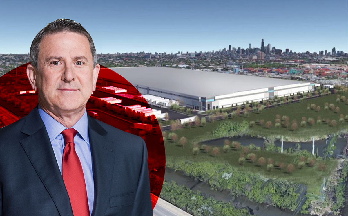 A rendering of the Target warehouse at 3501 S. Pulaski Road and Target CEO Brian Cornell (Credit: Hilco Redevelopment, Target)