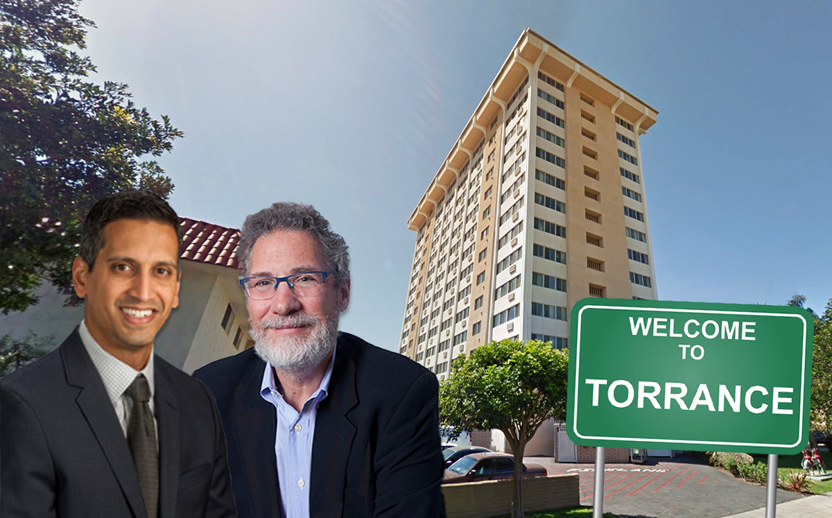 From left: Community Preservation Partners President Anand Kannan and Jonathan Rose Companies founder: Jonathan F.P. Rose, with the Golden West Tower Apartments (Credit: Google Maps and iStock)
