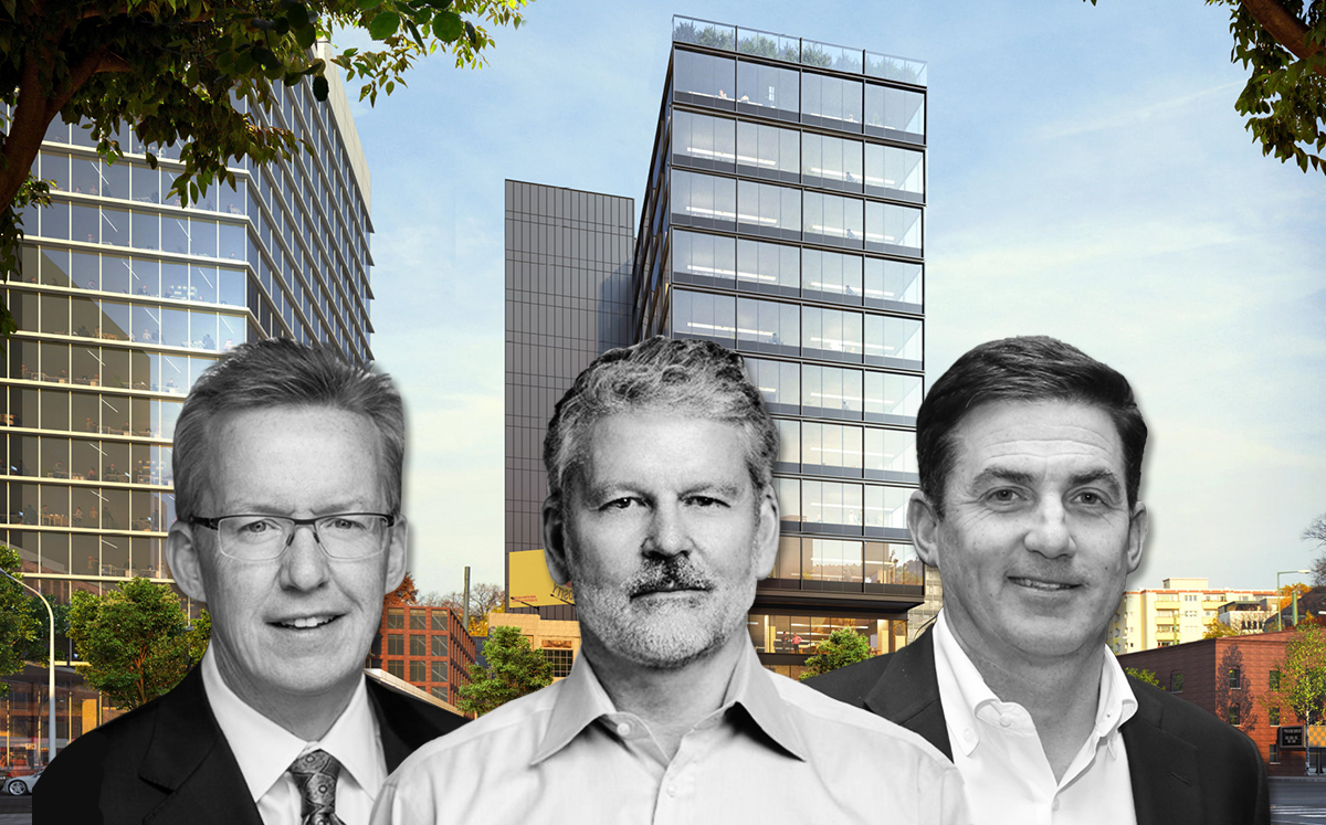 From left: CEO and founder of CA Ventures Thomas Scott, CEOs of WeWork Sebastian Gunningham and Artie Minson, and a rendering of the building