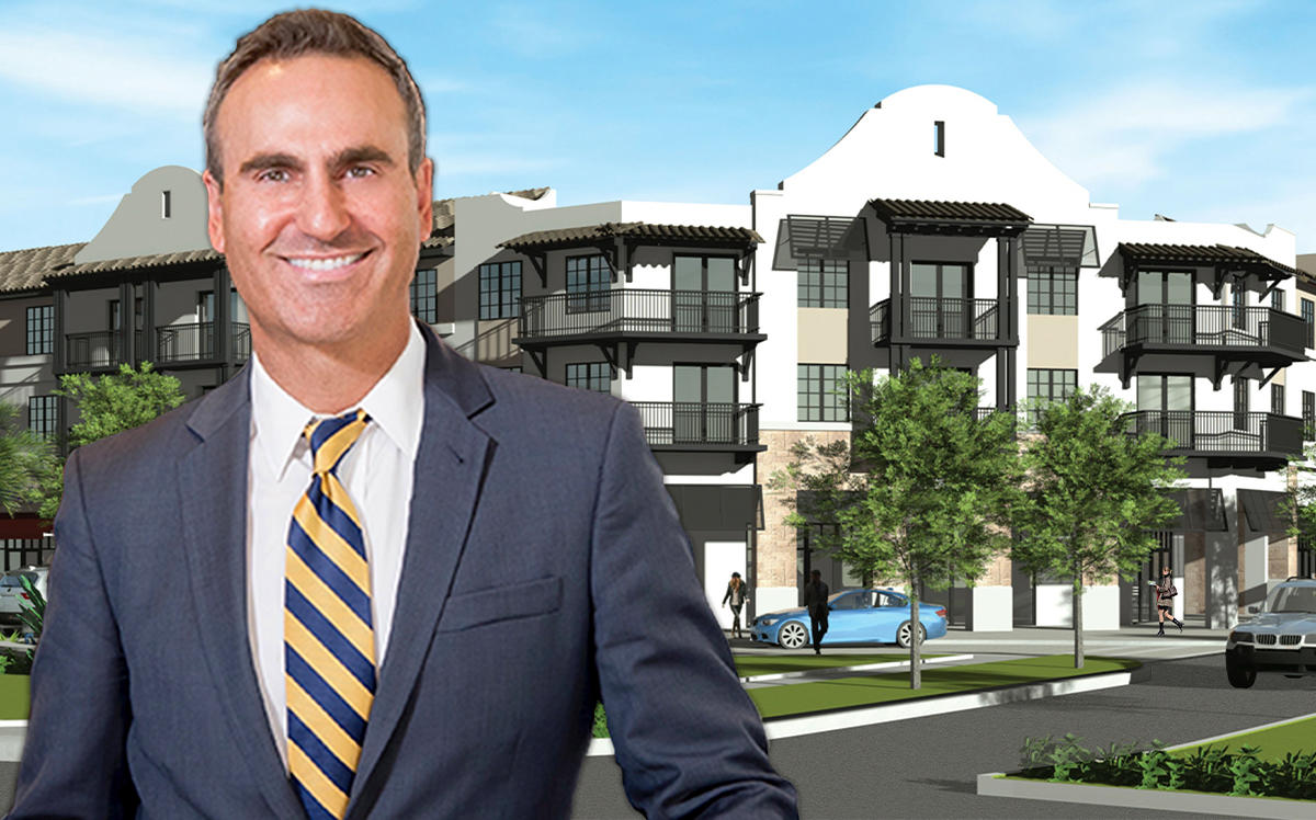 Matt Rieger and a rendering of Paradise Lake Apartments