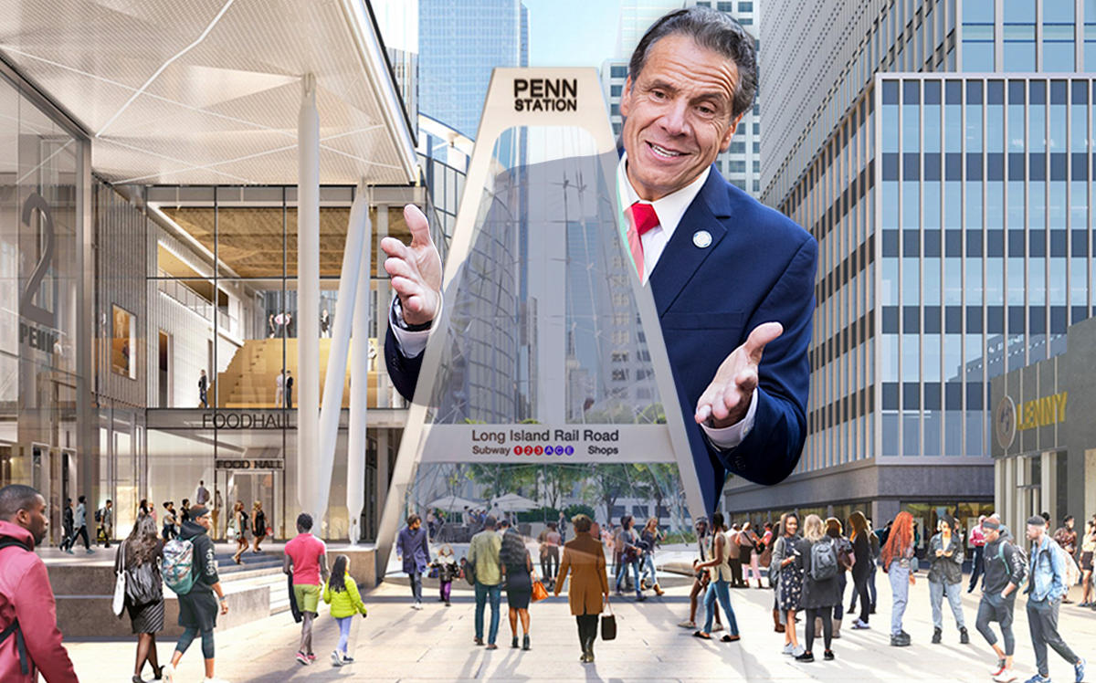 Governor Andrew Cuomo and a rendering of Penn Station (Credit: Getty Images, Governor's Office)
