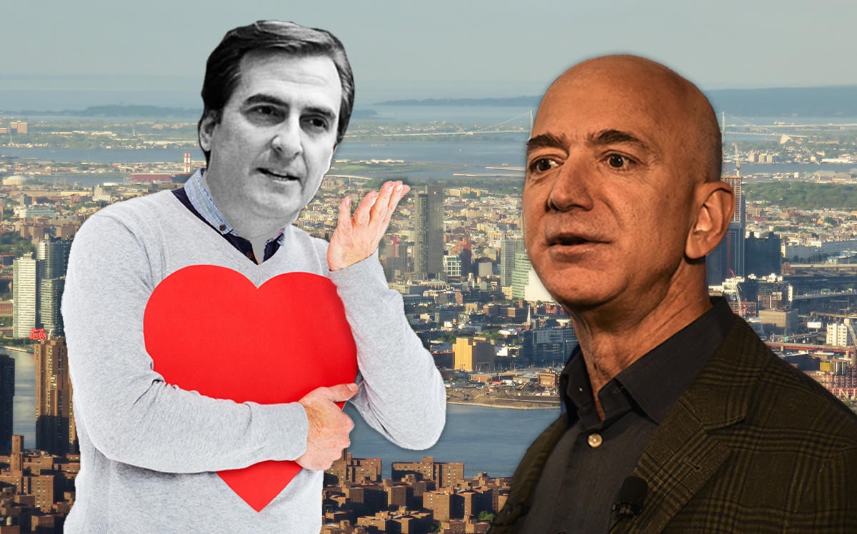 A photo illustration of Michael Gianaris and Jeff Bezos (Credit: Getty Images, Wikipedia, iStock)