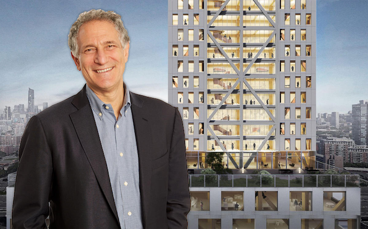 Sidewalk Labs CEO Dan Doctoroff and a rendering of the tower (Credit: Sidewalk Labs/Michael Green Architecture and Gensler)
