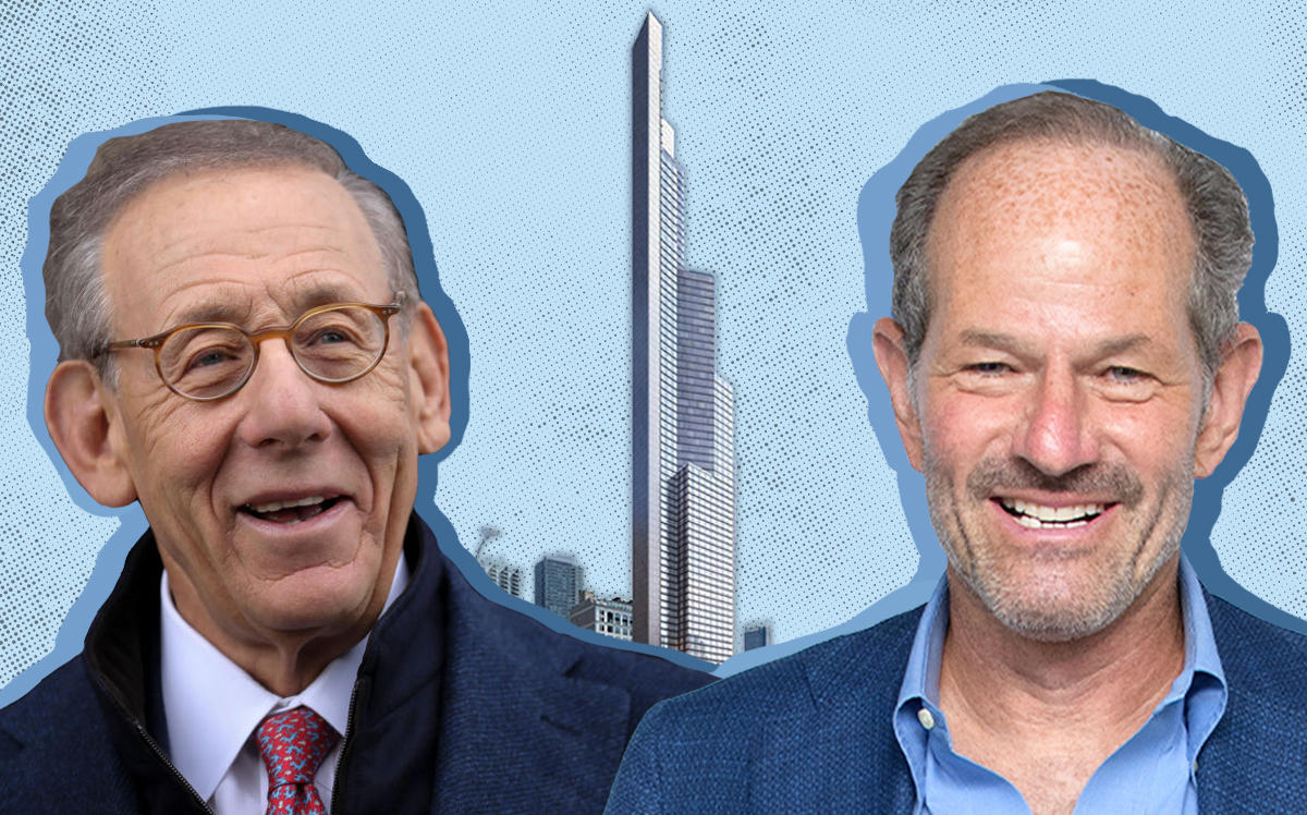 Steve Ross, Eliot Spitzer and a rendering of 451 10th Avenue (Credit: Getty Images) 