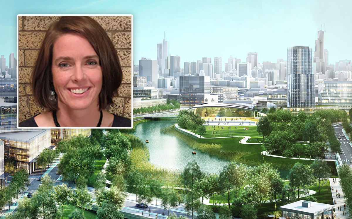 Johnson Research Group president Ann Moroney and a rendering of Lincoln Yards