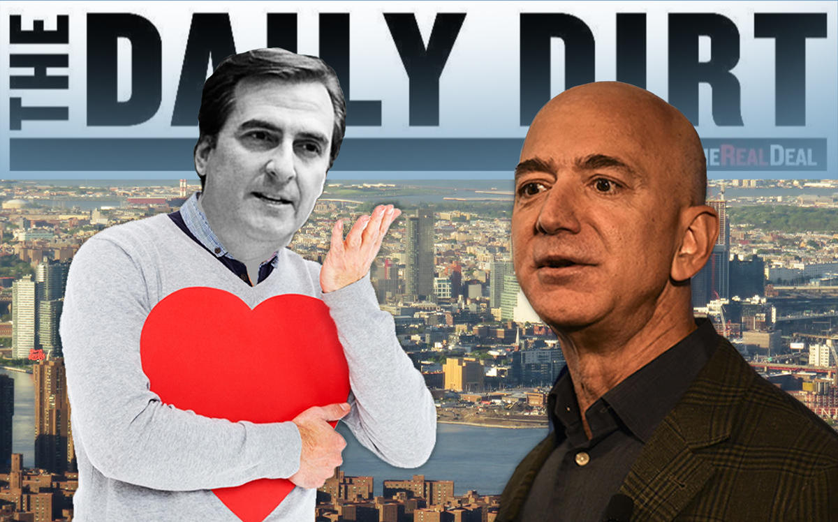 A photo illustration of Michael Gianaris and Jeff Bezos (Credit: Getty Images, Wikipedia, iStock)