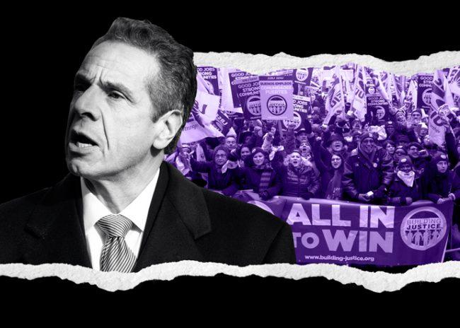 Governor Andrew Cuomo and a SEIU 32BJ rally in October (Credit: Getty Images, SEIU 32BJ)