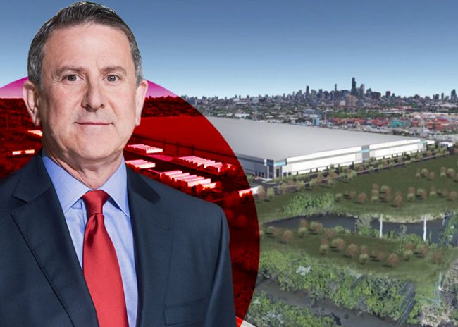 A rendering of the Target warehouse at 3501 S. Pulaski Road and Target CEO Brian Cornell (Credit: Hilco Redevelopment, Target)