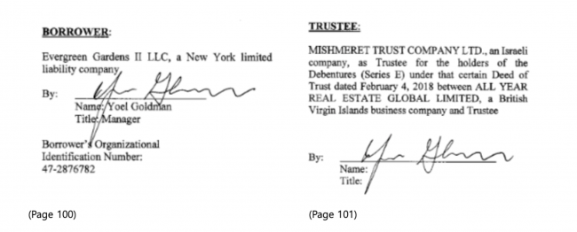 In what the trust company has called a “technical mistake,” Yoel Goldman appears to have signed the mortgage document on behalf of not only his own LLC, but also Mishmeret Trust Company. (Source: ACRIS)