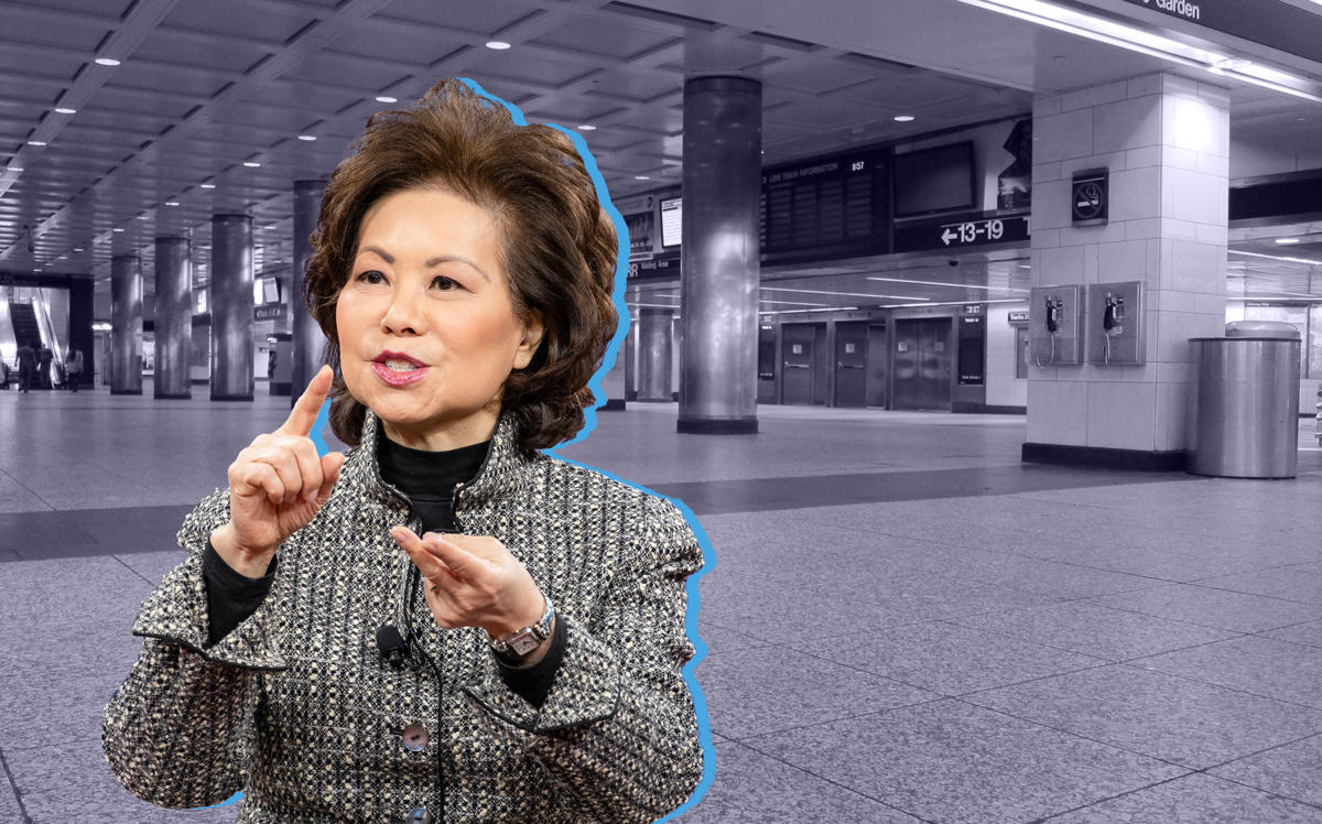 Transportation Secretary Elaine Chao and Penn Station (Credit: Samuel Corum/Getty Images; Metropolitan Transportation Authority / Aaron Donovan)