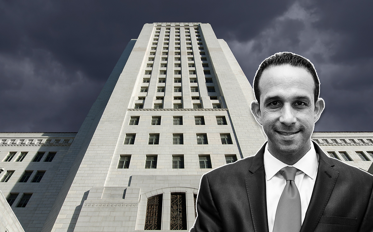 Mitchell Englander in front of L.A. City Hall (Credit: Lilly Lawrence/Getty Images, and iStock)