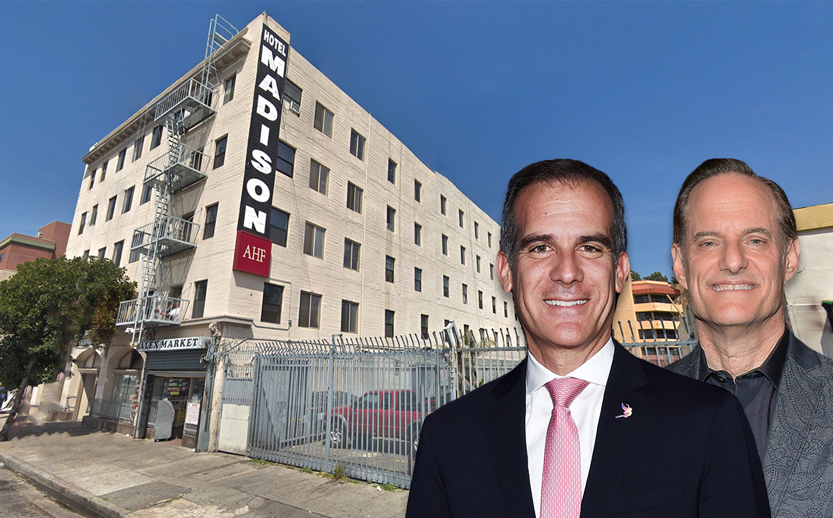 Eric Garcetti andMichael Weinstein, with the Madison Hotel (Credit: Amanda Edwards/Getty Images, Charley Gallay/Getty Images for Aids Healthcare Foundation, and Google Maps)