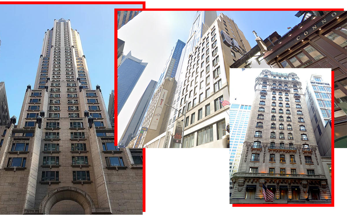 From left: Four Seasons Hotel at 57 East 57th Street, Room Mate Grace Hotel at 125 West 45th Street and the St. Regis Hotel at 2 East 55th Street(Credit: Four Seasons; Google Maps; Fashawks8 via Wikipedia)