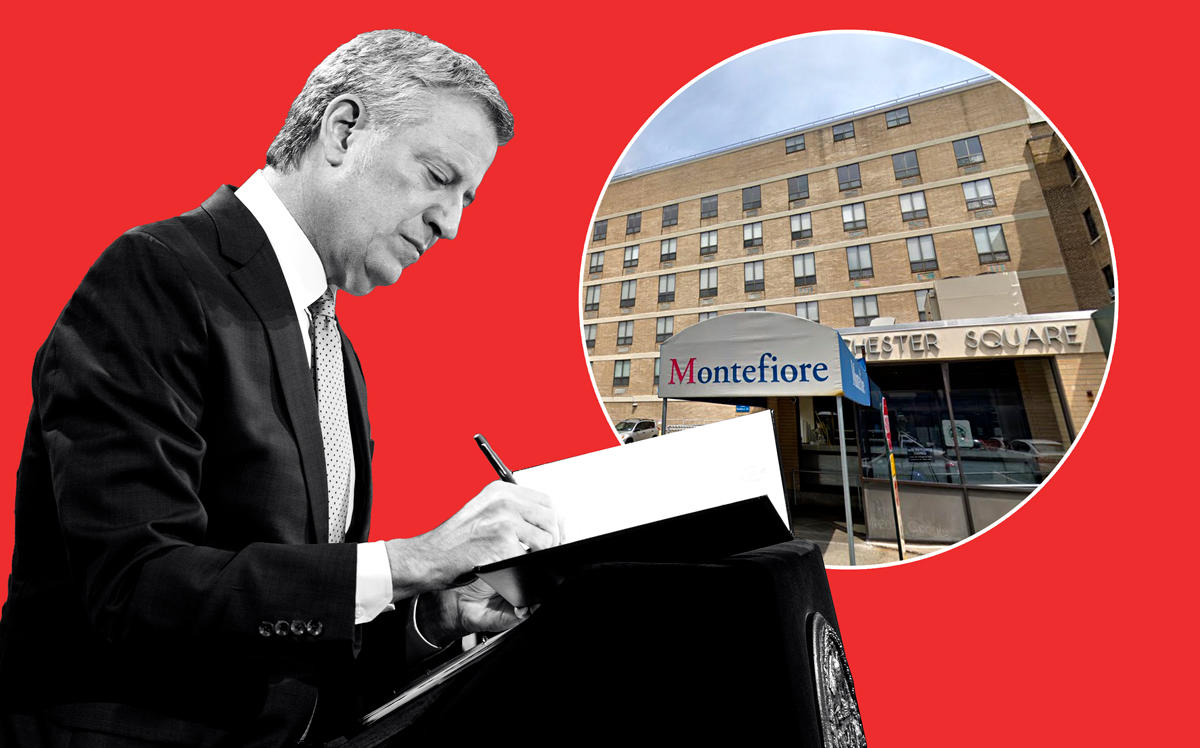 Mayor Bill de Blasio and Westchester Square Hospital in the Bronx (Credit: Lev Radin/Pacific Press/LightRocket via Getty Images; Google Maps)
