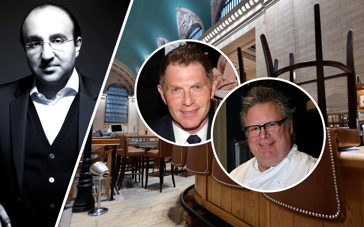 The Restaurant Network's Steven Kamali with Bobby Flay and David Burke (right photo by ANGELA WEISS/AFP via Getty Images)