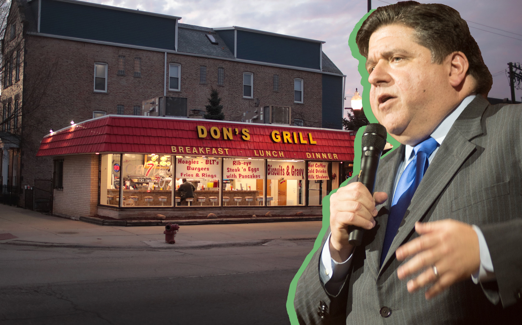 Illinois Gov. J.B. Pritzker and Don's Grill in the Pilsen neighborhood in Chicago (Credit: Scott Olson/Getty Images; Paul Natkin/Getty Images)