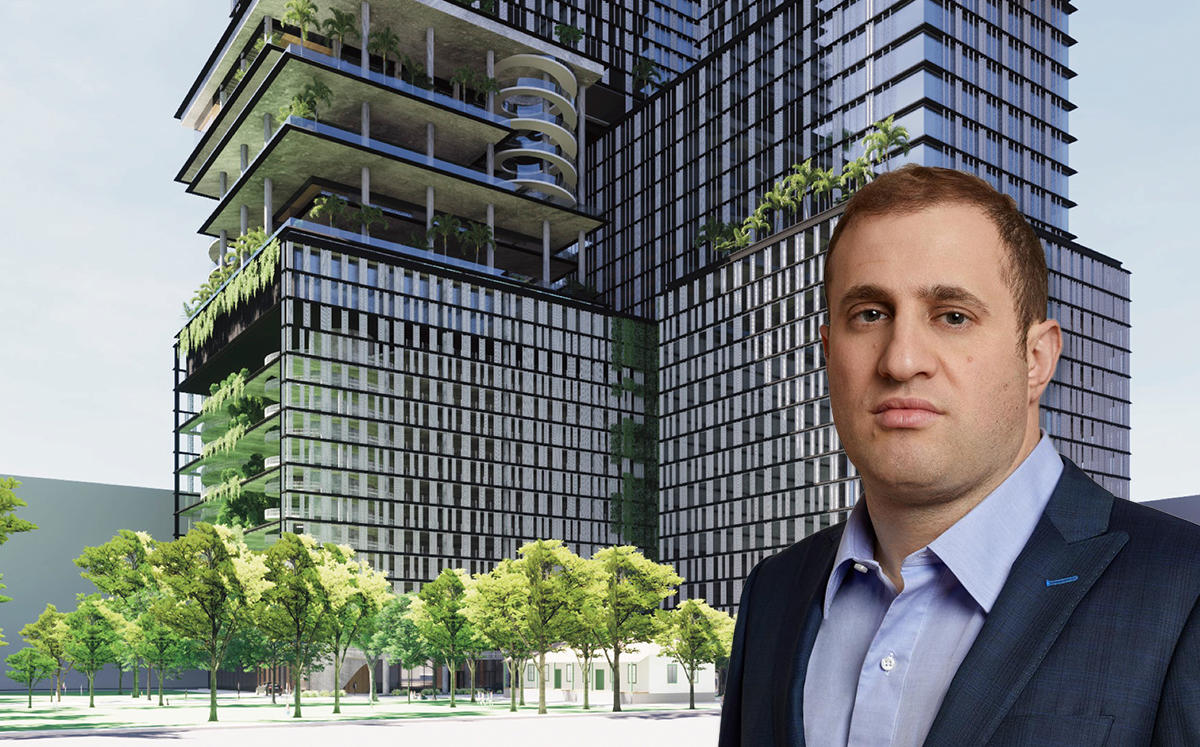 Michael Stern and a rendering of the project (Credit: JDS Development/SHoP Archictects)