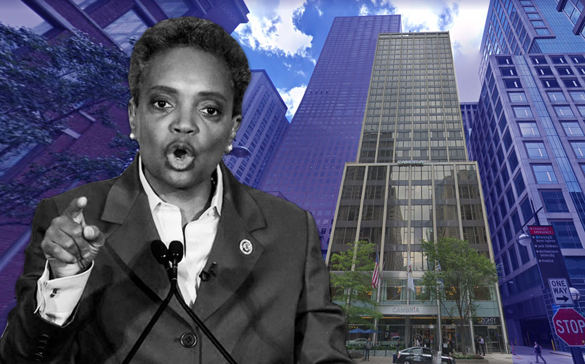 Mayor Lori Lightfoot & Hotel One Sixty-Six Magnificent Mile at 166 E. Superior St. (Credit: KAMIL KRZACZYNSKI/AFP via Getty Images, Google Maps)