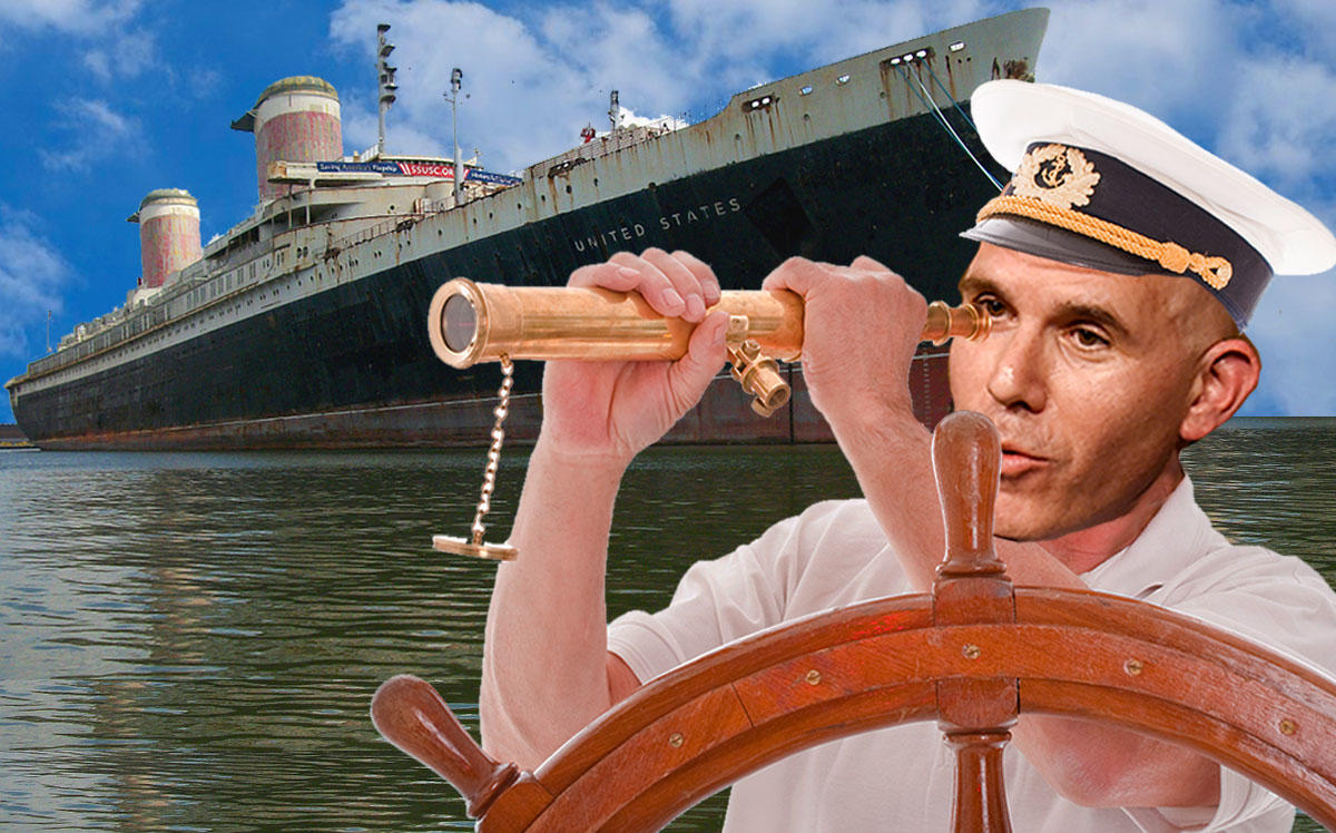 A photo illustration of Scott Rechler and the SS United States (Credit: Eugene Gologursky/Getty Images for National Eating Disorder Association, Brian W. Schaller via Wikipedia)