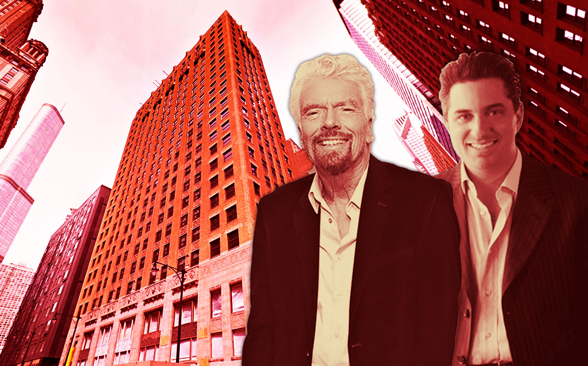 Richard Branson, Lionstone CEO Diego Lowenstein and 203 N. Wabash Avenue (Credit: Cindy Ord/Getty Images; Google Maps)