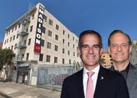 Eric Garcetti andMichael Weinstein, with the Madison Hotel (Credit: Amanda Edwards/Getty Images, Charley Gallay/Getty Images for Aids Healthcare Foundation, and Google Maps)