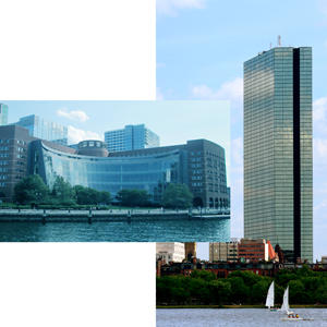 The John Joseph Moakley Federal Courthouse and the John Hancock Tower (Credit: Beyond My Ken and Tomtheman5 via Wikipedia Commons)