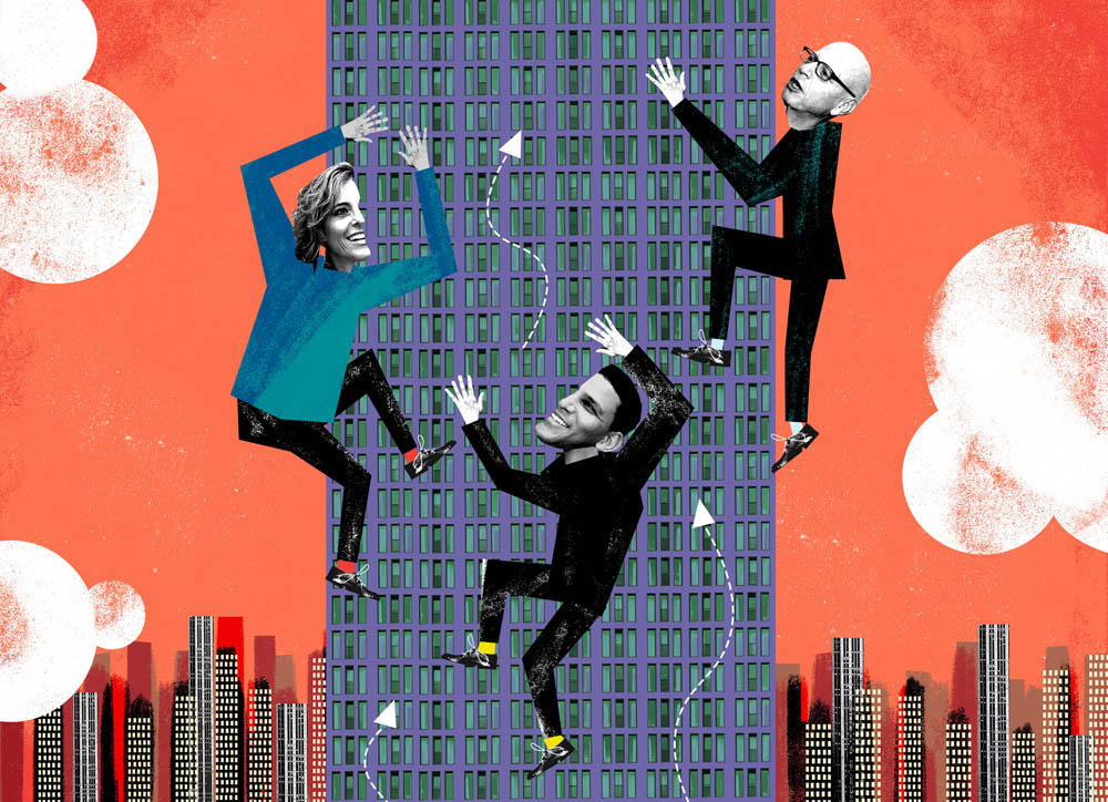 Corcoran's Pam Liebman, Compass's Robert Reffkin and Elliman's Howard Lorber jockey for position atop the resi rankings. (Illustration by Nate Kitch)