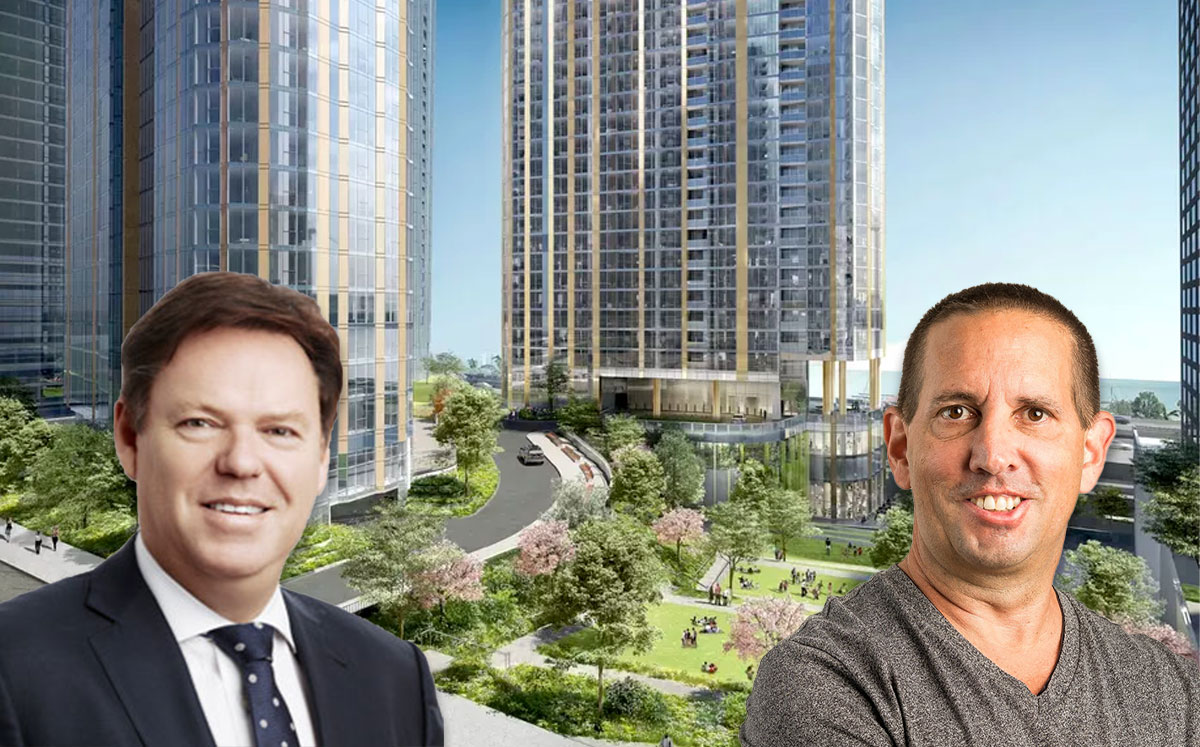 From left: Lendlease CEO Steve McCann, and Magellan CEO David Carlins, with a rendering of the Cirrus and Cascade projects (Credit: Lendlease/Magellan/bKL Architecture via Curbed)