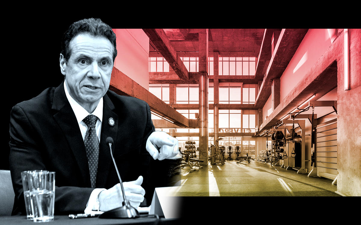 Governor Andrew Cuomo and 1 QPS's Fitness Center at 23-01 42nd Road (Credit: Lev Radin/Pacific Press/LightRocket via Getty Images; Fitness Center by SLCE Architects/PMG)