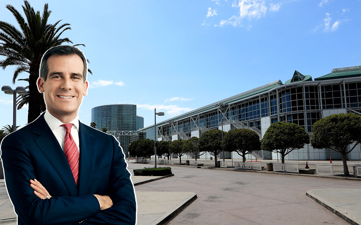 Los Angeles Mayor Eric Garcetti is looking for large spaces to house COVID-19 patients (Credit: Emily Shur/Wikipedia and Raymond Boyd/Getty Images)