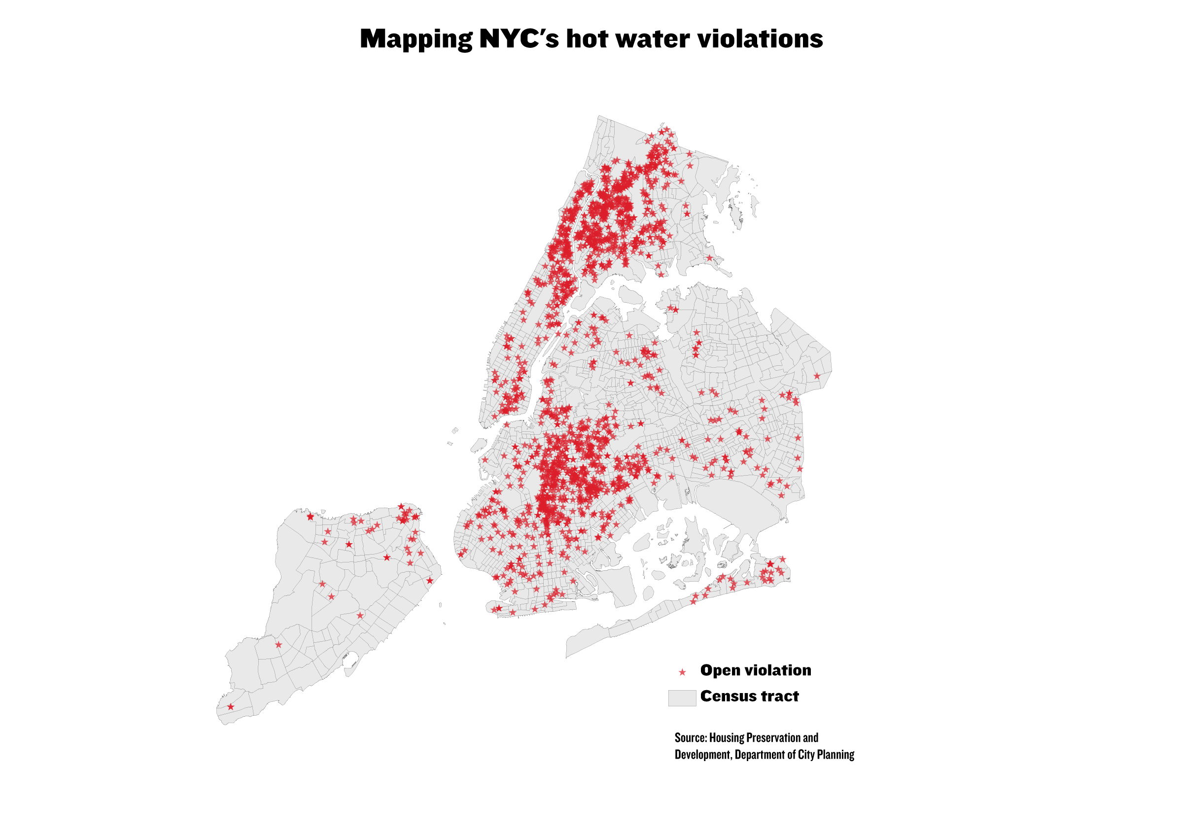 Map of the most NYC open hot water violations