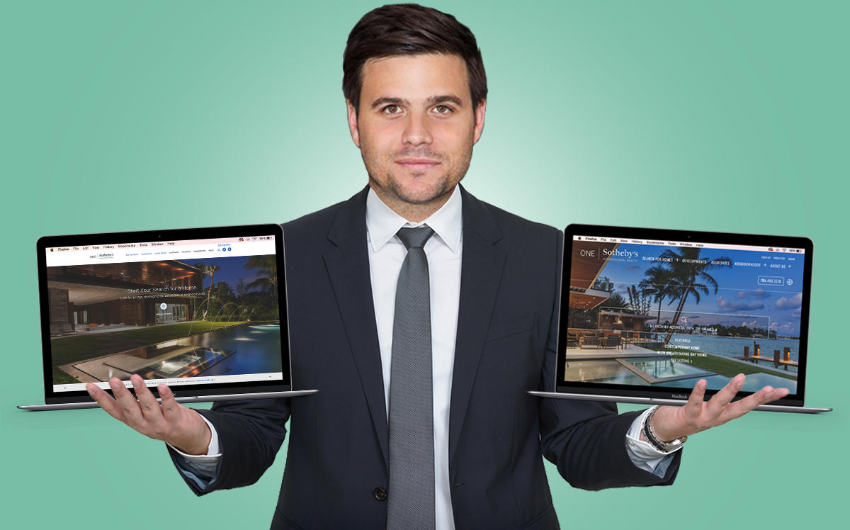 Daniel de la Vega with the previous website and the redesigned version (Credit: iStock)