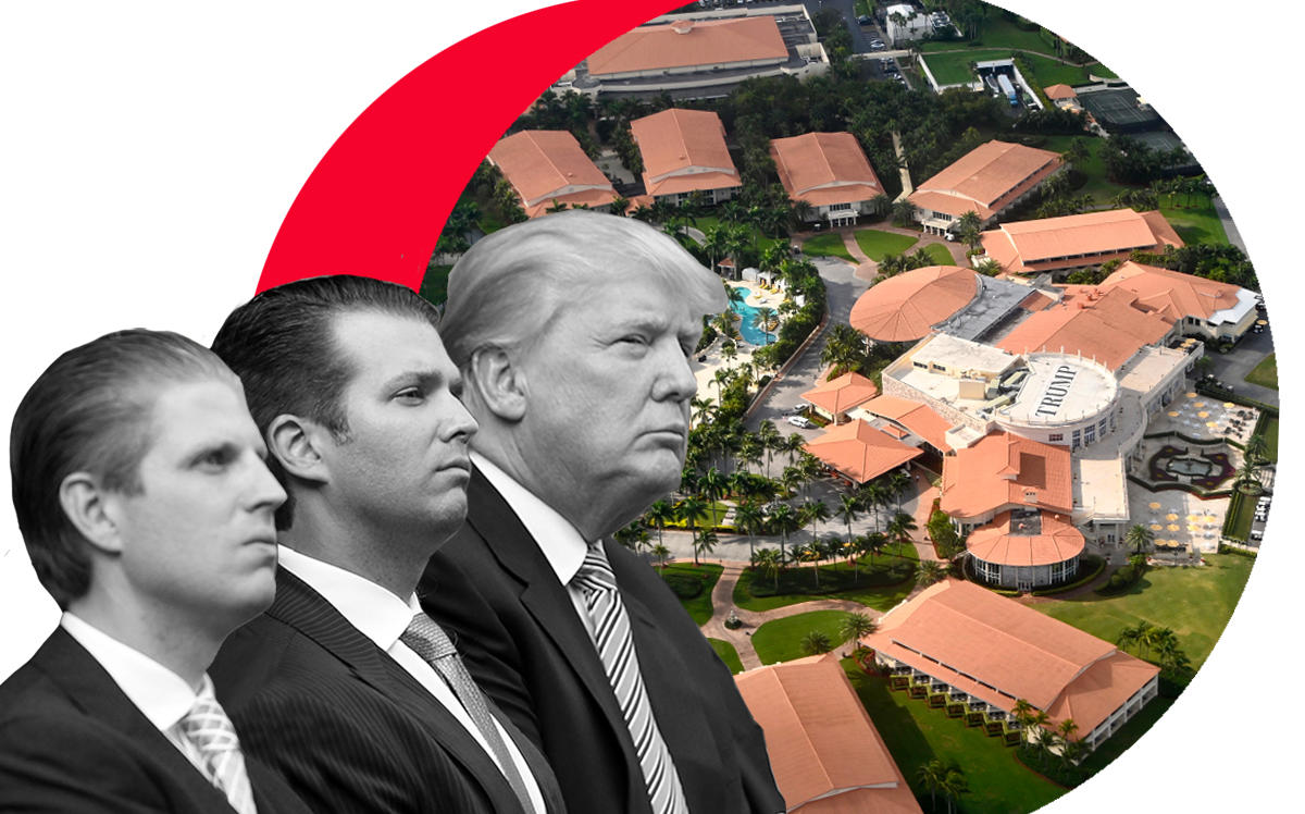 President Donald Trump with sons Eric and Donald Jr., and an aerial view of Trump Doral (Credit: Paul Morigi/WireImage, DANIEL SLIM/AFP via Getty Images)