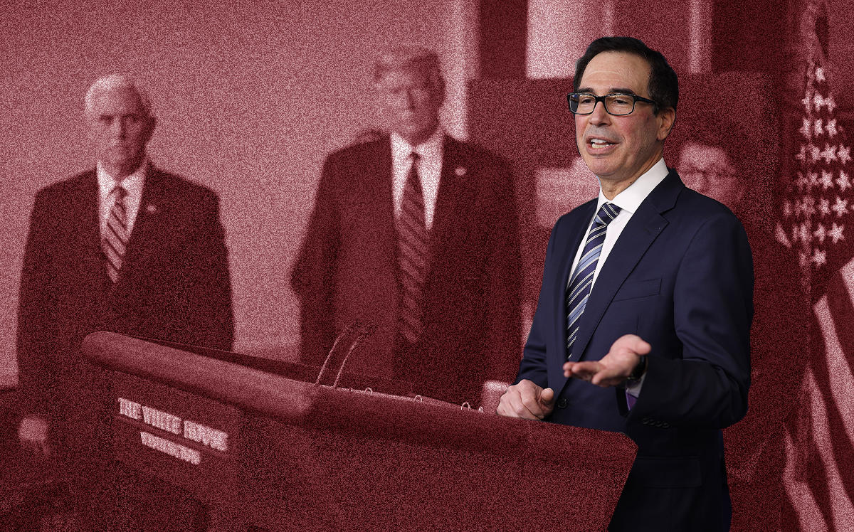 Treasury Secretary Steven Mnuchin speaks in the press briefing room with (in background) Vice President Mike Pence, President Donald Trump and Small Business Administrator Jovita Carranza  (Credit: Win McNamee/Getty Images)