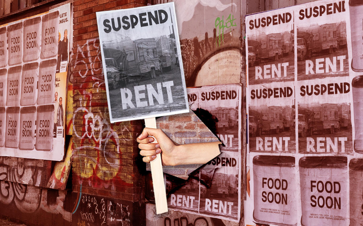 A photo illustration of rent strike wheat paste posters (Credit: Getty Images, iStock)