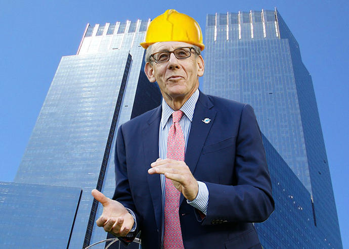 A photo illustration of Stephen Ross and Time Warner Center (Credit: Joel Auerbach/Getty Images, Wikimedia Commons)