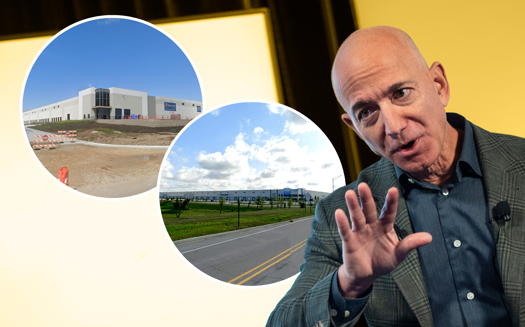 Amazon CEO Jeff Bezos with 4306 120th Ave. in Kenosha and 23700 W. Bluff Road in Channahon (Credit: Getty Images; Google Maps)