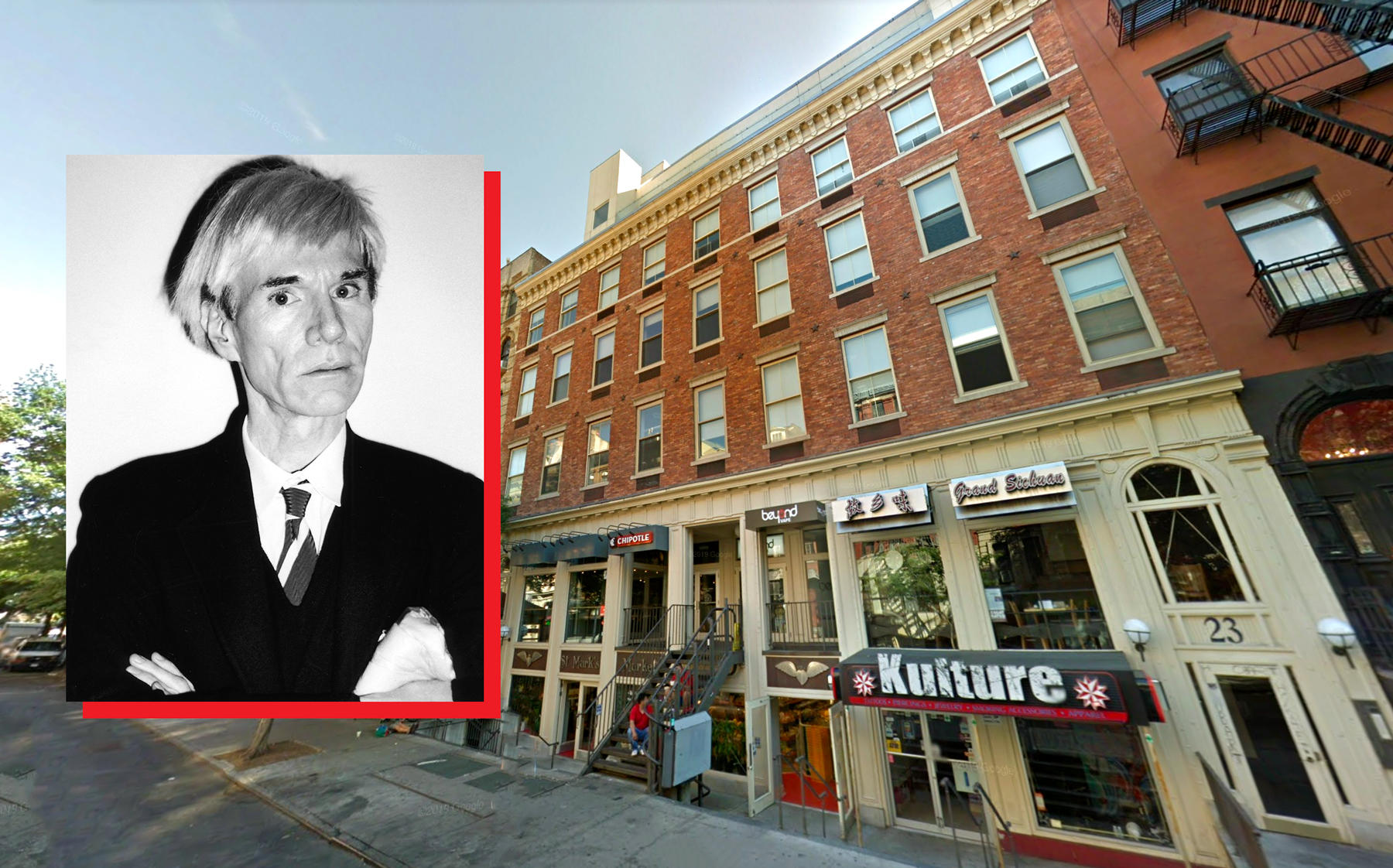 19-23 St. Mark’s Place with Andy Warhol (Credit: Google Maps; Warhol by Mark Sink / Corbis via Getty Images)