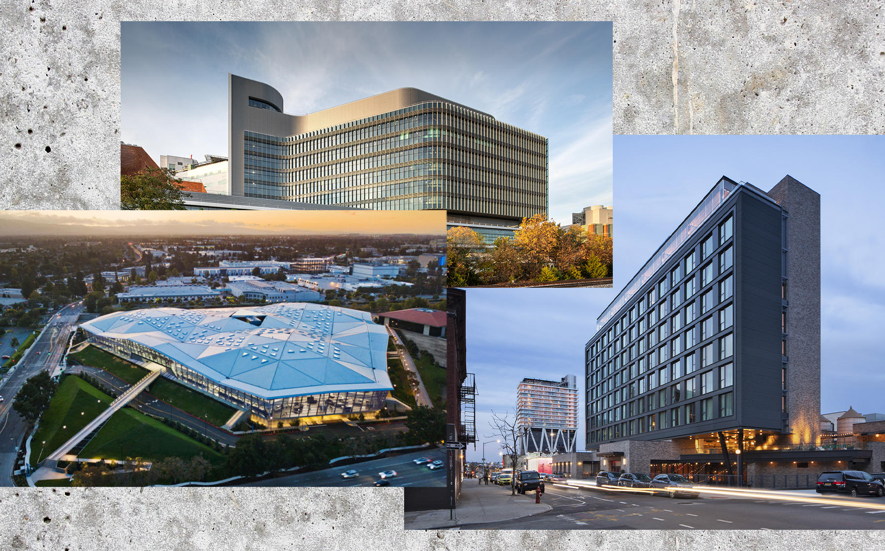 Renderings of Nvidia headquarters by Gensler, University of Virginia University Hospital Expansion by Perkins and Will and The Hoxton Williamsburg by Perkins Eastman (Credit: Gensler; Perkins and Will; Perkins Eastman)