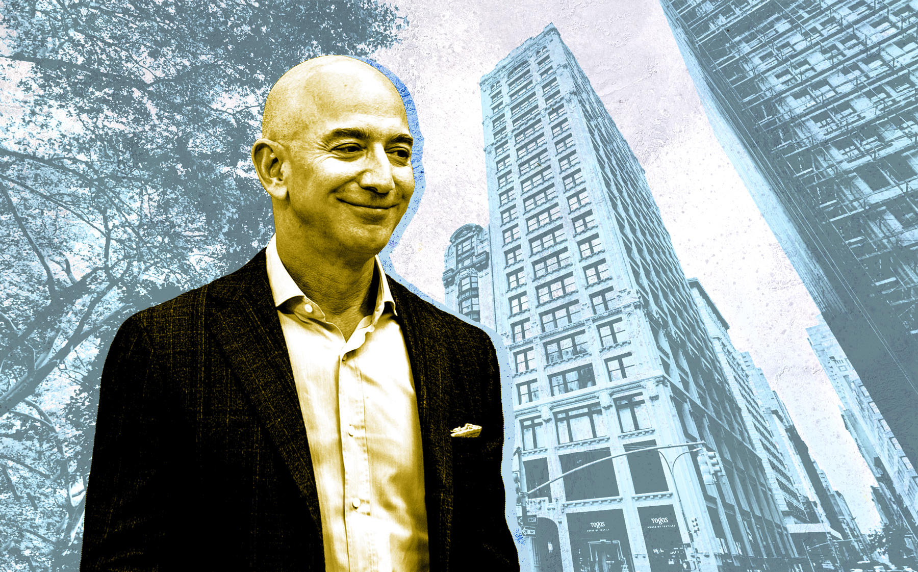 Amazon CEO Jeff Bezos and 212 Fifth Avenue (Credit: Bezos by Andrej Sokolow/picture alliance via Getty Images; Google Maps)