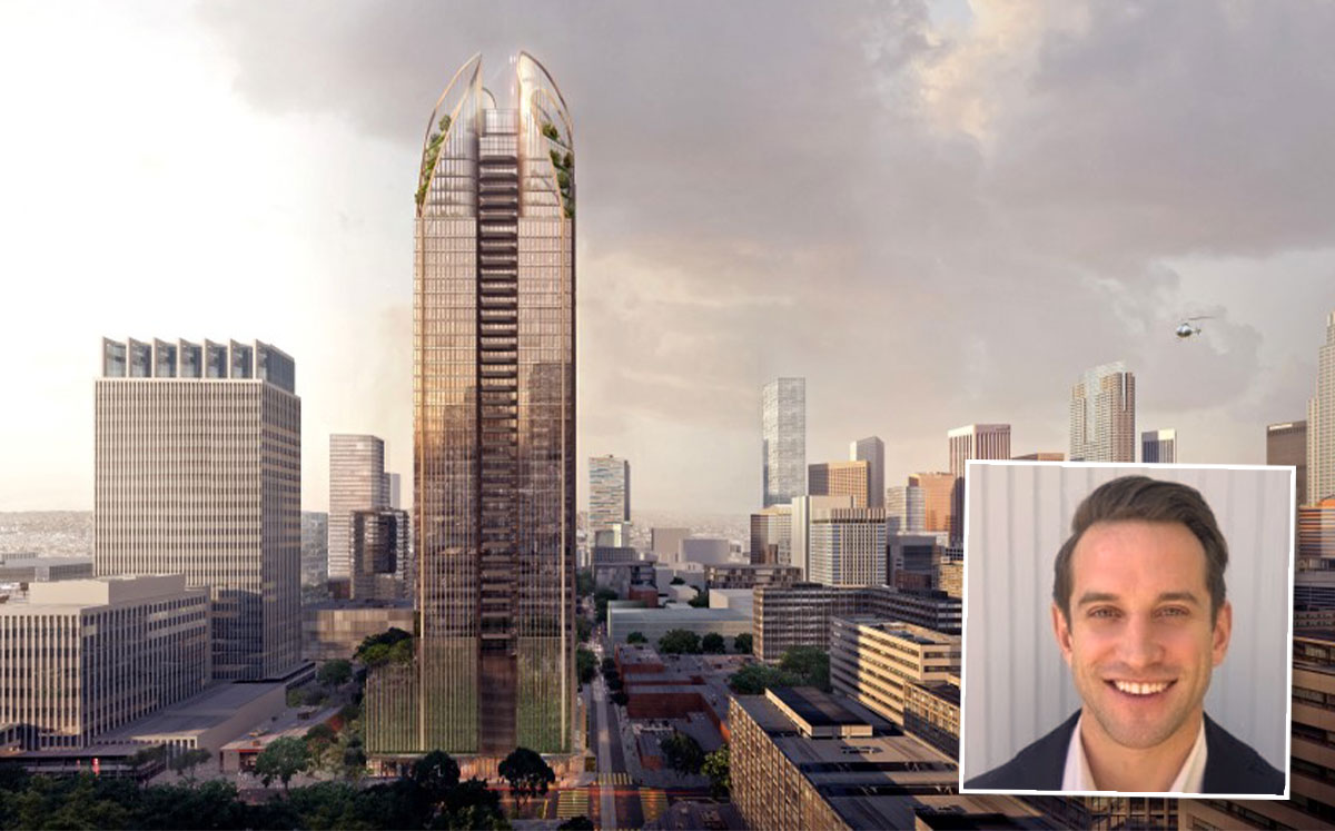 Crown Group’s head of U.S. development, Patrick Caruso and a new rendering of the project (Credit: Koichi Takada Architects/LA Times)