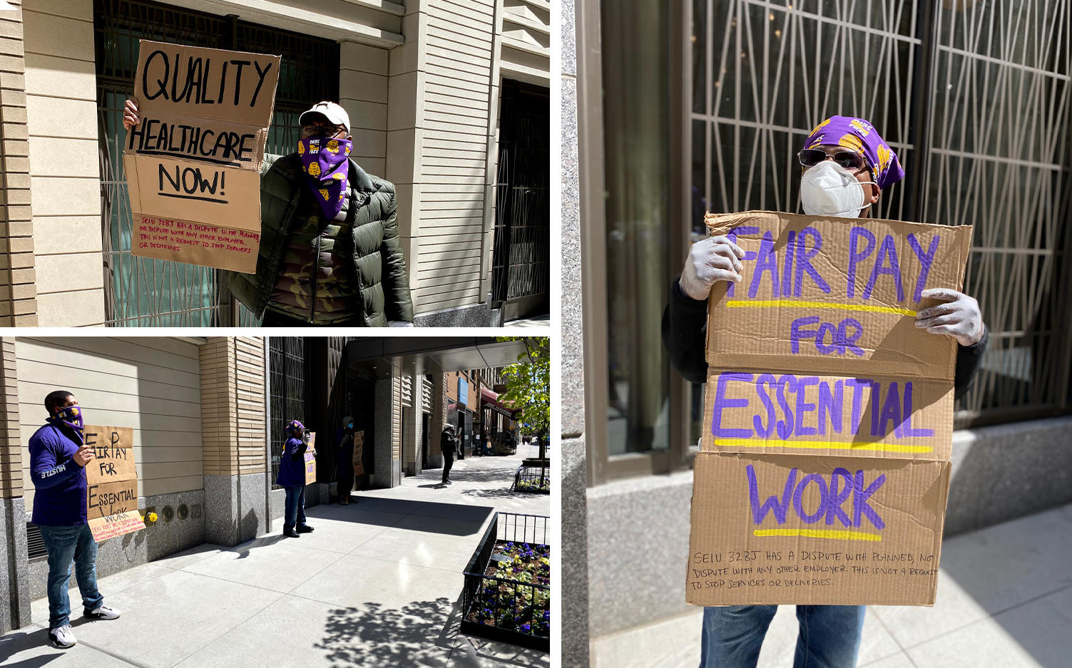 Essential workers at two luxury Manhattan resi buildings have walked out on the job, citing poor work conditions and harassment. (Credit: SEIU 32BJ)