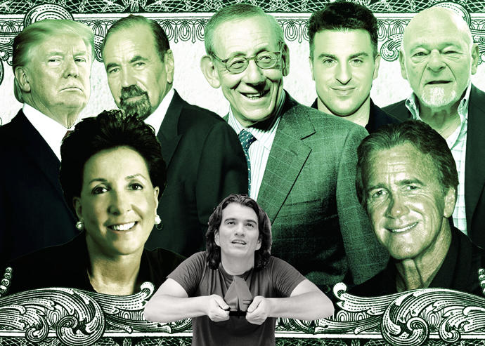 From left: Donald Trump, Jane Goldman of Solil Management, Jorge Perez of Related Group, Stephen Ross of Related Companies, Jeff Greene, Brian Chesky of Airbnb, Sam Zell of Equity Group Investments, Jeff Sutton of Wharton Properties with Adam Neumann, former WeWork CEO (Illustration by The Real Deal)