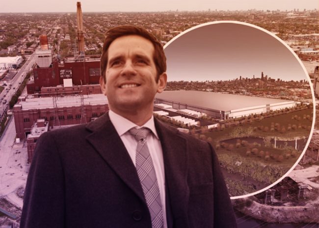 Hilco Redevelopment Partners’ Roberto Perez and a rendering of the “Exchange 55” project on the Near Southwest Side with the former Crawford Power Generating Station (Credit: Hilco)