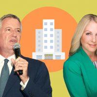 Mayor Bill DeBlasio and CrewFacilities.com president Andrea Tsakanikas (Credit: Getty Images; Pixabay; CrewFacilities)